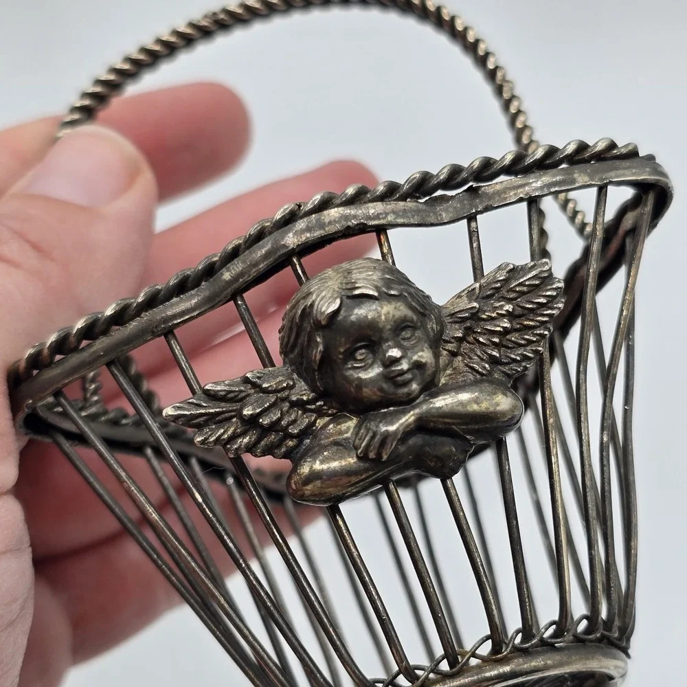 Vintage Silver Tone Wire Metal Decorative Mini Basket Angel Cherub On Front